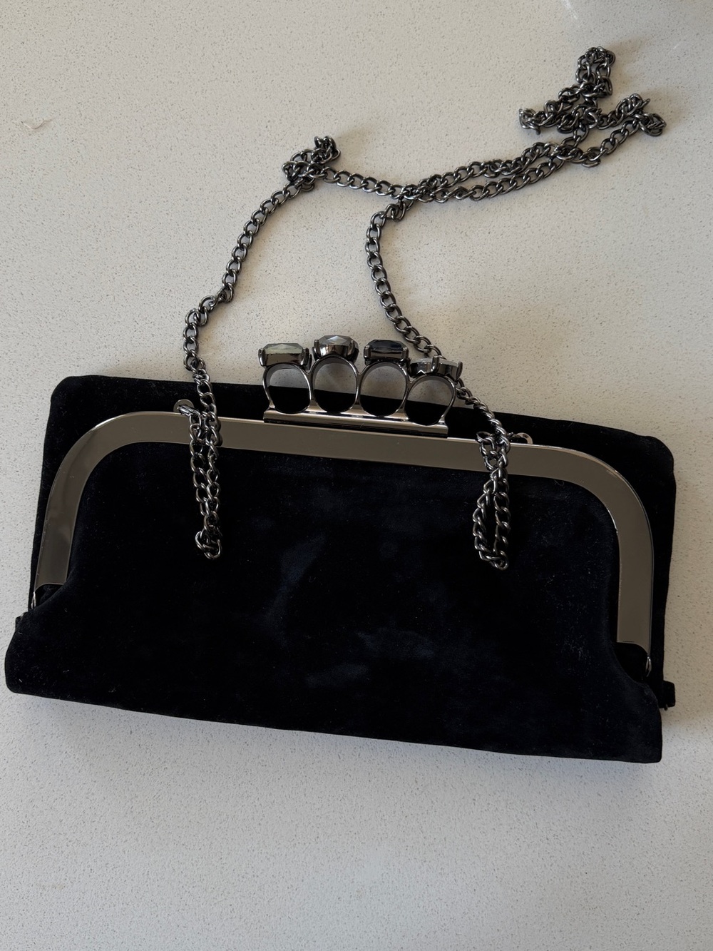 Black Velvet Jeweled Knuckle-Detail Chain Clutch